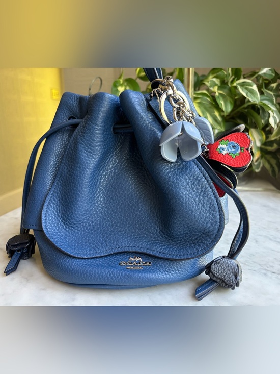 Coach Handbags - COACH Pebbled Leather Blue Drawstring Petal Bag with Matching Bag Charm